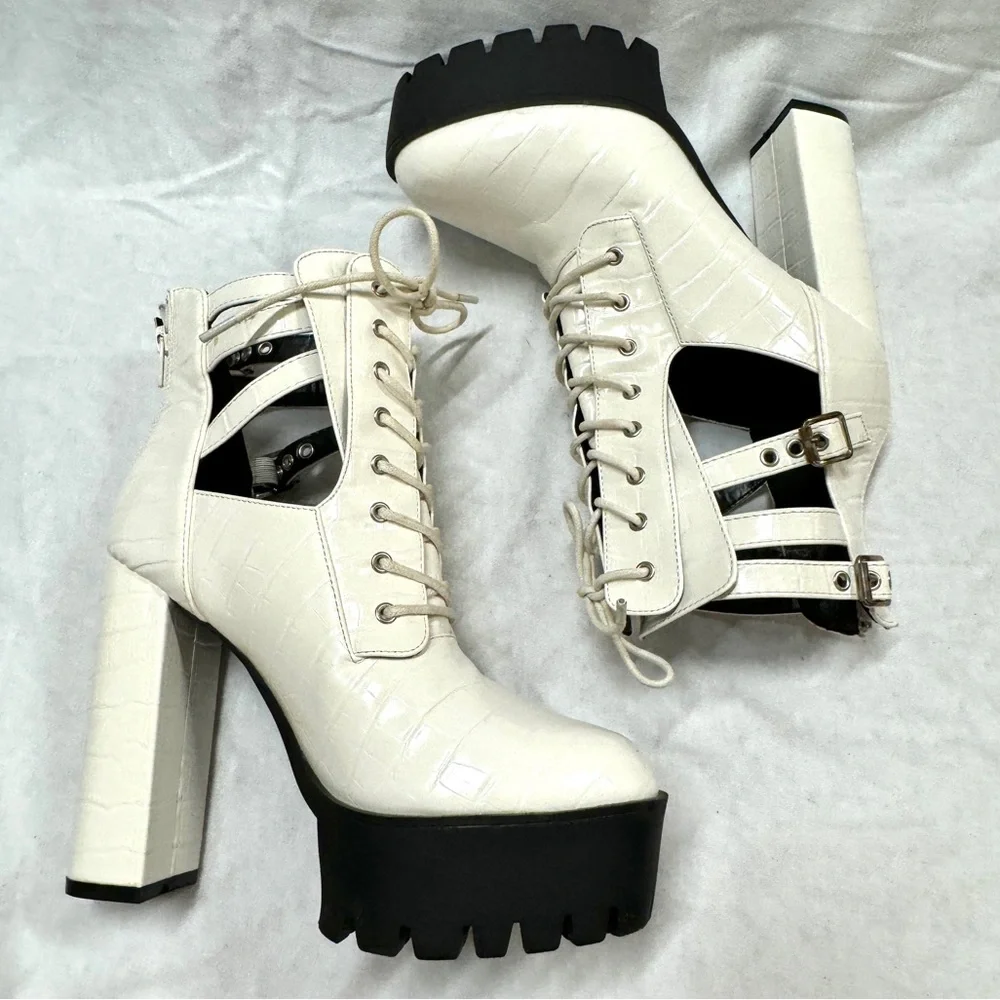 FASHION NOVA STAX platform boots high heels 8.5 white faux CROC ankle booties